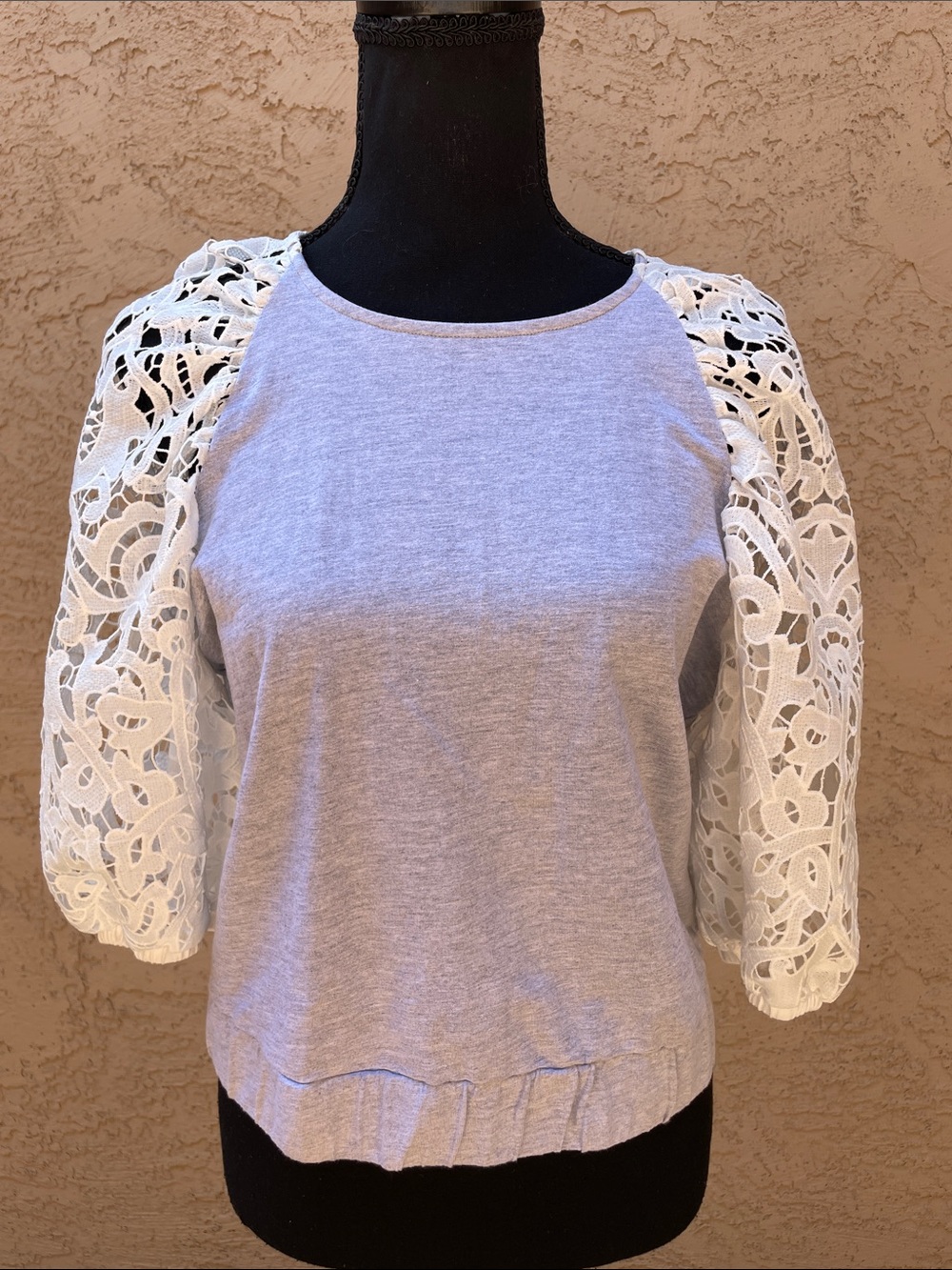 Anthropologie DOLAN Light Gray Top with White Lace Puff Sleeves